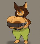 2024 3_toes alternate_form anthro areola areola_slip barefoot belt belt_bra belt_collar big_breasts black_nails breasts brown_body brown_fur brown_hair canid canine canis clothed clothing colored_nails dobermann dog_knight_rpg domestic_dog eyebrows feet female fur grey_background hair hands_on_hips hi_res huge_breasts krauser018 mammal nails orange_eyes pinscher raised_eyebrow rory_(ceehaz) short_hair short_stack simple_background solo standing tail thick_thighs toes wide_hips