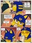 3:4 animal_crossing ankha_(animal_crossing) anthro armor balls blue_ears blue_hair blush canid canine canis clothed clothing clothing_lift comic dialogue domestic_cat domestic_dog duo english_text erection felid feline felis fellatio female genitals gynomorph gynomorph/female hair handjob hi_res humanoid_genitalia humanoid_penis ike_marshall intersex intersex/female isabelle_(animal_crossing) mammal nintendo oral oral_penetration patreon patreon_logo patreon_username penetration penile penis profanity sex speech_bubble text uraeus vambrace yellow_body yellow_inner_ear