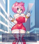 2022 accessory alternate_species amy_rose animal_humanoid big_breasts breast_squish breasts city city_background cleavage cleavage_overflow clothed clothing dress english_text eulipotyphlan eulipotyphlan_humanoid female gloves hair handwear headband hedgehog_humanoid huge_breasts humanoid humanoidized legwear looking_at_viewer mammal mammal_humanoid nipple_outline nipples open_mouth outside pink_hair red_clothing red_dress red_headband red_legwear red_thigh_highs ring sega solo sonic_the_hedgehog_(series) squish standing supersatanson teal_eyes text thigh_highs tight_clothing tight_dress white_clothing white_gloves white_handwear