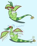 ambiguous_gender blush dragon dragonnap fangs feathers feral flapping_wings flygon generation_3_pokemon hi_res laugh mythological_creature mythological_scalie mythology nintendo pokemon pokemon_(species) scalie solo tail teeth text tickling wings