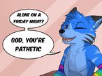 2020 alone_on_a_friday_night_(meme) anthro arm_warmers armwear biped black_body black_fur blue_body blue_eyes blue_fur blue_hair canid canine canis clothing cropped dex_blueberry dexthefolf dialogue digital_media_(artwork) english_text fox fur hair hi_res hybrid looking_at_viewer male mammal martinballamore meme one_eye_closed open_mouth open_smile shaded simple_background smile solo speech_bubble stripes talking_to_viewer text third-party_edit wink wolf