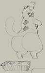 2024 absurd_res anthro big_butt butt crossed_arms digital_media_(artwork) domestic_cat felid feline felis food fur garfield_(series) garfield_the_cat half-closed_eyes hi_res lasagna looking_back male mammal monochrome narrowed_eyes obese obese_anthro obese_male overweight overweight_anthro overweight_male pasta question_mark rear_view simple_background sketch solo standing sushiamazing tail thick_thighs three-quarter_view