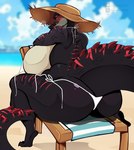 absurd_res anthro beach big_breasts big_butt black_body black_scales breasts butt clothing crocodile crocodilian crocodylid female green_eyes hat headgear headwear hi_res huge_breasts huge_butt looking_back outside rear_view reptile sand scales scalie seaside sitting sky solo sun_hat swimwear tail tan_body tan_scales tutifruti_(artist) water