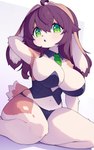 2024 absurd_res anthro big_breasts blush breasts brown_body brown_fur brown_hair clothed clothing countershade_torso countershading devil-vox female front_view fur green_eyes hair hand_behind_head hi_res kneeling lagomorph leporid liya_(devil-vox) long_ears looking_at_viewer mammal navel open_mouth panties pantsless rabbit simple_background solo tail teeth tongue topwear underwear