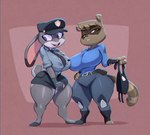 2024 anthro barefoot big_breasts bigdad biped breasts brown_body brown_eyes brown_fur brown_tail buckteeth canid canine clothed clothing disney duo european_rabbit feet female fur grey_body grey_fur grey_tail huge_breasts huge_hips judy_hopps lagomorph leporid looking_aside mammal miyu_hamada necktie nippon_3000_police_department open_mouth oryctolagus police police_uniform rabbit raccoon_dog short_tail simple_background tail tanuki teeth uniform wide_hips zootopia