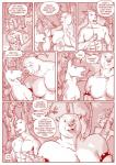 angry anthro armband bear bear_boy_(furronika) canid canine clearing clothing comic dialogue dog_boy_(furronika) duo english_text forest furronika hi_res log male mammal monochrome muscular muscular_male nipples nude plant red_and_white speech_bubble spiked_armband spikes text tree wood