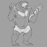 1:1 anthro awarebear barefoot bear bottomwear boxer_briefs claws clothing feet fur grey_background long_claws long_tongue male mammal monochrome muscular muscular_anthro muscular_male navel nipples pawpads simple_background snout solo standing sun_bear tongue topwear torn_clothing torn_topwear underwear ursine werecreature wereursid