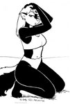 2021 anthro bedroom_eyes breasts ear_piercing ear_ring female fur hair hi_res kelly_o'dor looking_at_viewer mammal mephitid midriff monochrome narrowed_eyes piercing ring_piercing seductive skunk solo tegerio zandar's_saga