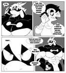 abs absurd_res adam_(parttimeyeen) anthro bandage bed big_muscles bovid bulge caprine cellphone clothing comic dialogue duo electronics english_text furniture gabriel_(parttimeyeen) goat hi_res horn huge_muscles lizard male mammal mask monochrome muscular muscular_anthro muscular_arms muscular_legs muscular_male night nipple_outline parttimeyeen_(artist) phone pillow profanity reptile scalie shirt sky star starry_sky superhero superhero_costume text topwear wounded