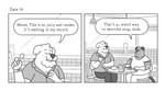 2023 anthro belly big_belly bottomwear canid canine canis chair clothing comic detailed_background dialogue domestic_dog duo english_text furniture hi_res lukehealy male mammal overweight overweight_male pants shirt sitting text topwear