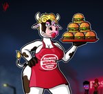 anthro apron apron_only big_breasts blonde_hair bovid bovine breasts burger cattle clothing female food hair happy's_humble_burger_farm happy_(happy's_humble_burger_farm) hi_res kylethedesignernsfw looking_at_viewer mammal thick_thighs