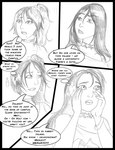 2023 anthro arania bodily_fluids breasts choker clothed clothing comic dialogue duo english_text eveleen_(tcitw) female hair hi_res human human_only jewelry mammal markings mole_(marking) monochrome necklace not_furry open_mouth suki_(tcitw) sweat sweatdrop text the_cabin_in_the_woods_(arania)