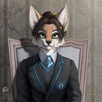 1:1 anthro canid canine canis chair clothed clothing coyote digital_media_(artwork) furniture hair hi_res male mammal necktie solo student techiesxc wall_(structure) young young_anthro young_male