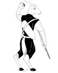 2022 4:5 anthro archer bovid bow_(feature) caprine clothed clothing digital_media_(artwork) fingers fur goat hi_res holding_object holding_weapon hooves horn inktober leprzil looking_back male mammal monochrome pupils quiver_(object) shadow simple_background solo standing tail weapon white_background