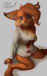 anthro biped bobcat bodily_fluids breasts bubsy bubsy_(series) bubsy_(space_funeral) clothed clothing diadorin felid feline female kneeling looking_at_viewer lynx mammal running_makeup running_mascara solo tears trans_(lore) trans_woman_(lore)