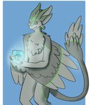 2022 3_fingers 4_ears aaron_(avali) absurd_res anthro avali avian biped blue_background border countershade_feathers countershading feathered_wings feathers fingers godot_(game_engine) green_body green_eyes green_feathers green_stripes green_tail_feathers grey_arms grey_body grey_ears grey_feathers grey_hands grey_head grey_inner_ear grey_legs grey_sclera grey_tail grey_tail_feathers grey_tail_tuft grey_torso grey_wings hi_res holding_object immortalphoenix long_ears looking_at_object male male_(lore) male_anthro multi_ear multicolored_body multicolored_feathers nude nude_anthro nude_male simple_background small_head solo standing stripes tail tail_feathers tail_tuft tuft two_tone_body two_tone_feathers white_border winged_arms wings