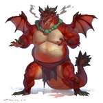 1:1 anthro belly bottomwear claws clothed clothing collar dragon green_collar hi_res loincloth loincloth_only male muscular muscular_anthro muscular_male mythological_creature mythological_scalie mythology nipples overweight overweight_anthro overweight_male red_body red_scales scales scalie sharp_teeth simple_background solo spiked_tail spikes spikes_(anatomy) steam steamy_breath tail taran_fiddler teeth topless werecreature weredragon weretober white_background white_body white_scales wings