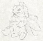 2015 animal_genitalia anus belly elemental_creature female feral flora_fauna generation_1_pokemon genitals graphite_(artwork) ivysaur looking_at_viewer monochrome nintendo open_mouth plant pokemon pokemon_(species) presenting pussy scalie simple_background sketch slightly_chubby smile solo spread_legs spreading tongue tongue_out traditional_media_(artwork) white_background yaroul