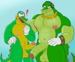 6:5 absurd_res anthro balls barazoku big_balls big_pecs big_penis blush bodily_fluids chain_necklace classic_vector clothing comparing crocodile crocodilian crocodylid duo exclamation_point genital_fluids genitals gloves gold_(metal) gold_jewelry green_body handwear hi_res jewelry kelsdungeon male male/male muscular muscular_anthro necklace nipples pecs penis precum reptile scalie sega selfcest sharp_teeth size_difference smile smirk sonic_the_hedgehog_(series) spiked_tail spikes spikes_(anatomy) square_crossover surprised_expression tail teeth vector_the_crocodile yellow_body