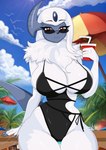 absol absurd_res anthro beach beverage big_breasts breasts clothing eyewear female generation_3_pokemon hi_res looking_at_viewer luxartking nintendo one-piece_swimsuit palm_tree plant pokemon pokemon_(species) solo sunglasses swimwear tagme thick_thighs tree umbrella white_body