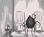 8_legs ambiguous_gender anthro arachnid arthropod black_body black_fur clothing detailed_background door fur hat headgear headwear hi_res mr._spider solo spider the_magnus_archives twistyblitzy