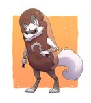 absurd_res alternate_costume alternative_fashion annoyed anthro arm_wrapping arm_wraps canid canine canis cheek_tuft claws clothing costume curled_tail deadyoung7 death_(puss_in_boots) dreamworks dual_wielding eclair eclair_costume facial_markings facial_tuft fluffy fluffy_tail food food_costume fur fuzzy head_markings head_tuft hi_res holding_object holding_weapon inner_ear_fluff leg_wraps male mammal markings mask_(marking) narrowed_eyes pastry puss_in_boots_(dreamworks) red_eyes sickle simple_background solo standing tail tuft weapon white_background white_body white_fur wolf wrapped_arms wrapped_legs wraps