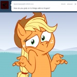 1:1 applejack_(mlp) ask_jappleack blonde_hair clothing earth_pony english_text equid equine female fingers friendship_is_magic gesture green_eyes hair half-length_portrait hasbro hat hat_only headgear headgear_only headwear headwear_only horse hotdiggedydemon looking_at_viewer mammal mostly_nude my_little_pony pony portrait shrug solo text tumblr