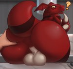 3d_background anthro anus balls bandai_namco big_butt butt butt_grab claws digimon digimon_(species) digital_media_(artwork) dinosaur english_text genitals guilmon hand_on_butt hi_res huge_butt inside kitchen looking_at_viewer looking_back male male_focus nude prehistoric_species question_mark reptile reptilligator scalie spread_anus spreading stretched_anus tail text