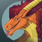 blue_eyes dragon feral fur furred_dragon furred_scalie horn hyper_(character) looking_at_viewer male mane mythological_creature mythological_scalie mythology pink_tongue planaria red_body red_fur red_mane scalie solo teeth tongue tongue_out yellow_body yellow_fur yellow_horn