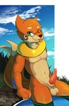 2_tails after_transformation animal_genitalia anthro arm_fins balls bodily_fluids buizel bulge clothed clothing cum erection eyewear fangs fin flotation_sac fur generation_4_pokemon genital_fluids genitals glasses leaking_precum male mammal markings multi_tail mustelid nintendo one_eye_closed orange_body orange_fur partially_submerged penis pokemon pokemon_(species) precum sheath sky_background solo tail tan_body tan_fur teeth tongue tongue_out toshabi water whisker_markings wink