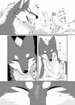 2015 ambiguous_gender canid canine canis comic dialogue digital_media_(artwork) dipstick_ears dipstick_tail domestic_dog ear_markings eyes_closed female feral fluffy fluffy_tail fox gloves_(marking) greyscale halftone hi_res japanese_text leg_markings lying male mammal markings monochrome multicolored_ears open_mouth quadruped shiranui_(tsukune_minaga) socks_(marking) speech_bubble tail tail_markings tategami_(tsukune_minaga) text tongue translated tsukune_minaga