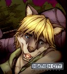 anthro ayato blonde_hair blue_eyes brown_nose canid canine canis car_seat clothing distasty english_text green_clothing green_shirt green_topwear green_trees hair heathen_city looking_away male mammal night open_mouth owen_zelazny purple_sky sharp_teeth shirt sky solo teeth teeth_showing text tongue_showing topwear wolf