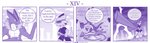 4koma ambiguous_gender anthro braver_(vavacung) clothing comic dialogue disaster_dragon dragon duo english_text feral hi_res kobold mask monochrome mythological_creature mythological_scalie mythology profanity purple_theme scalie tail text vavacung