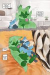 ambiguous_gender anthro bandage biped blue_body blue_fur detailed_background duo english_text eyes_closed floragato fur generation_4_pokemon generation_9_pokemon green_body green_eyes green_fur hi_res lying nintendo on_back on_front on_ground on_pillow on_side pawpads pillow pink_body pokemon pokemon_(species) riolu samu_(sincastermon) sincastermon sleeping text text_box vine_(sincastermon)