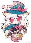 2023 anthro canid canine chibi clothing daww dress female fox fur hat headgear headwear holding_object holding_staff kemono mammal red_eyes smile solo staff tan_body tan_fur thin_calves witch_hat zhang_gun