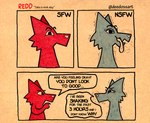 ambiguous_gender anthro bodily_fluids canid canine canis cardboard comic deedoss dialogue duo english_text fox heart_nose heart_symbol hi_res mammal redd_(deedoss) simple_coloring simple_eyes simple_face steam sweat text tongue tongue_out wolf worried