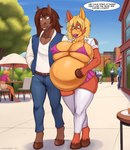 ambiguous_species anthro asinus background_character belly belt big_belly big_breasts bikini bikini_top bimbofied bottomwear braces breasts buckteeth building canid canine catchabird chair cleavage clothed clothing crossgender denim denim_bottomwear denim_clothing dialogue donkey duo english_text equid equine eyewear felid feline female furniture glasses hair hand_on_shoulder happy hi_res hoof_hands hooves horse huge_breasts ineffective_clothing interspecies interspecies_pregnancy jacket jeans legwear lipstick lisp long_hair makeup male mammal miniskirt nipple_outline pants plant pregnant shirt shrub skimpy skirt sky smile speech_impediment swimwear table teeth text thick_thighs thigh_highs topwear tree two-piece_swimsuit umbrella vikbys