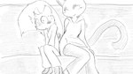 16:9 animal_crossing anthro biped blush clothed clothing domestic_cat dragonweirdo eyeliner felid feline felis female fur greyscale hi_res makeup male mammal marshal_(animal_crossing) monochrome nintendo olivia_(animal_crossing) rodent sciurid sitting smile tail tree_squirrel widescreen