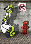 anthro canid canine clenched_teeth desperation extended_arms fire_hydrant fur hi_res hiked_leg holding_crotch knock-kneed mammal mounted_sign no_symbol omorashi pigeon_toed potty_dance prohibition_sign raised_leg shaking sign sign_graphic solo standing teeth trembling wioletniru