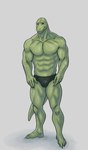 anthro beastars black_briefs black_clothing black_underwear briefs briefs_only clothed clothing ffog gosha_(beastars) green_body green_eyes green_skin grey_background hi_res male muscular muscular_male shadow simple_background smile solo standing topless underwear underwear_only