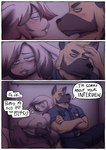 absurd_res anthro anthro_on_anthro big_breasts biped blush bodily_fluids breasts buckteeth bulge bulge_size_difference canid canine canis cerealharem clothed clothed_anthro clothed_gynomorph clothed_male clothing comic dialogue dick_(cerealharem) domestic_dog duo english_text erection erection_under_clothing eye_contact eyebrow_through_hair eyebrows fingers fur german_shepherd gynomorph gynomorph/male hair herding_dog hi_res huge_breasts intersex intersex/male interspecies lactating lagomorph leporid looking_at_another male mammal pastoral_dog pork_(cerealharem) rabbit speech_bubble tail teeth text translucent translucent_hair