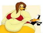 2024 absurd_res anatid anseriform anthro avian bedroom_eyes belly_overhang belly_rolls bikini bird clothing daffy_duck duck duo fat_rolls female grabbing_belly hi_res looney_tunes male male/female morbidly_obese morbidly_obese_female narrowed_eyes obese obese_female overweight overweight_female puhba seductive simple_background sitting_on_another swimwear the_looney_tunes_show tina_russo two-piece_swimsuit warner_brothers