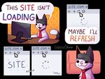 4:3 browser comic computer cursor dialogue electronics english_text felid feline fur glassshine heartbeat hi_res male mammal monitor necktie simple_background simple_eyes solo steve_(glassshine) text url white_body white_fur