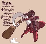 2024 adarak_(redx331) anthro big_bulge big_penis brown_body brown_hair bulge character_name clothing club_(weapon) covered_eyes digital_media_(artwork) directional_arrow dragon english_text gameplay_mechanics genitals gynomorph hair hair_over_eyes horn huge_bulge huge_penis hyper hyper_bulge hyper_genitalia hyper_penis intersex jinti melee_weapon mythological_creature mythological_scalie mythology nails penis scalie sharp_nails sharp_teeth simple_background solo tail tan_background teeth text thong topwear torn_clothing underwear weapon