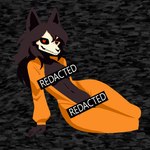 1:1 anthro anxietyfilledfluf black_body black_fur black_hair bone canid canine censor_bar clothing fangs female fur hair heart_eyes heart_symbol jumpsuit mammal pose scp-1471 scp_foundation seductive skull skull_head solo teeth