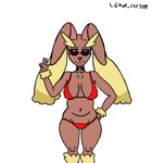 anthro bikini breasts brown_body brown_fur clothed clothing eyewear female floppy_ears food fruit fur generation_4_pokemon hi_res lagomorph lemon_cry3244 lopunny mammal nintendo partially_clothed plant pokemon pokemon_(species) slightly_chubby solo sunglasses swimwear two-piece_swimsuit