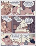 2021 4:5 abe_(mikrogoat) anthro basil_(mikrogoat) bed belly brown_body clothed clothed/nude clothing comic dialogue domestic_pig duo english_text furniture hi_res horn lagomorph leporid lying lying_on_bed male male/male mammal mikrogoat nipples nude on_back on_bed on_side overweight overweight_male partially_clothed pubes rabbit shirt suid suina sus_(pig) text topwear url