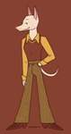 2023 anthro artist_name bent_arm bottomwear brown_background brown_bottomwear brown_clothing brown_footwear brown_pants brown_shoes brown_topwear brown_vest button_(fastener) canid canine canis closed_smile clothed clothed_anthro clothed_male clothing digital_drawing_(artwork) digital_media_(artwork) dobermann domestic_dog dot_eyes dress_shirt fingers flat_colors footwear fur greengrizz hand_in_pocket hi_res male male_anthro mammal mouth_closed pants pink_inner_ear pink_nose pinscher pockets shirt shoes simple_background smile solo standing stubble tail text thin_eyebrows topwear vest whisker_spots white_body white_fur white_tail yellow_dress_shirt