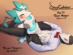 anthro avian bow_tie cowgirl_position darkner deltarune digital_media_(artwork) disembodied_limbs duo felid feline female feretta floating_hands from_front_position hi_res machine male mammal on_bottom on_ground on_top robot robot_anthro sex shaded simple_background swatchling tasque_manager undertale_(series) white_body yellow_eyes