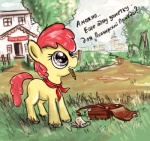 2012 apple_bloom_(mlp) earth_pony equid equine female feral friendship_is_magic fur hair hasbro horse mammal my_little_pony notebook outside pencil_(object) pioneer pony quadruped red_hair russian russian_text satchel solo soviet_union tail text ulyanovetz yellow_body yellow_fur young young_feral